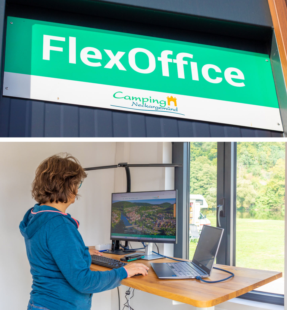 Schild Flexoffice und Arbeitsplatz